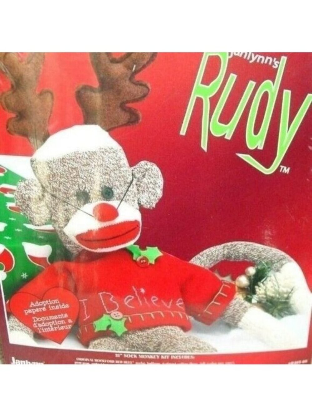 Vintage Janlynn Rudy I Believe 21″ Sock Monkey Kit Adoption Papers #0465-66 NiSP